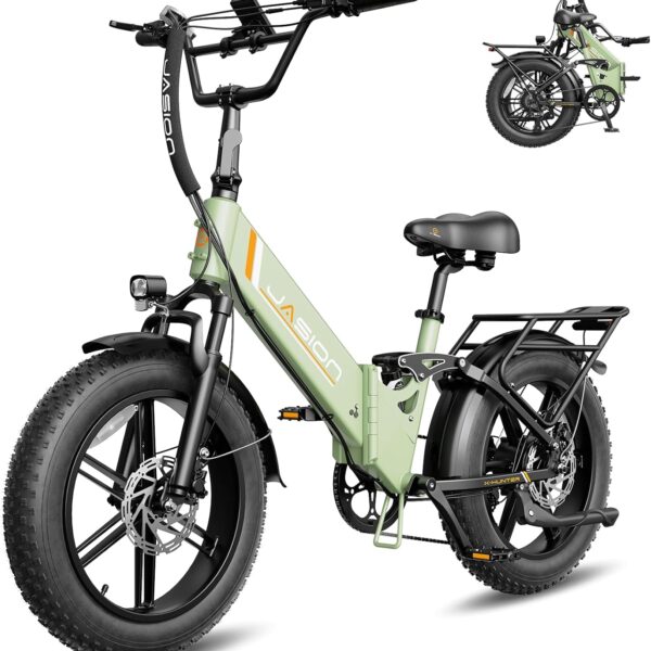 Vélo électrique pliable pour adultes Jasion X-Hunter ST : pneus « Fat » de 20 pouces, autonomie jusqu'à 114 km (71 miles), moteur de 1400 W en crête, vitesse supérieure à 48 km/h (30 mph), suspension intégrale et double frein à disque hydraulique.